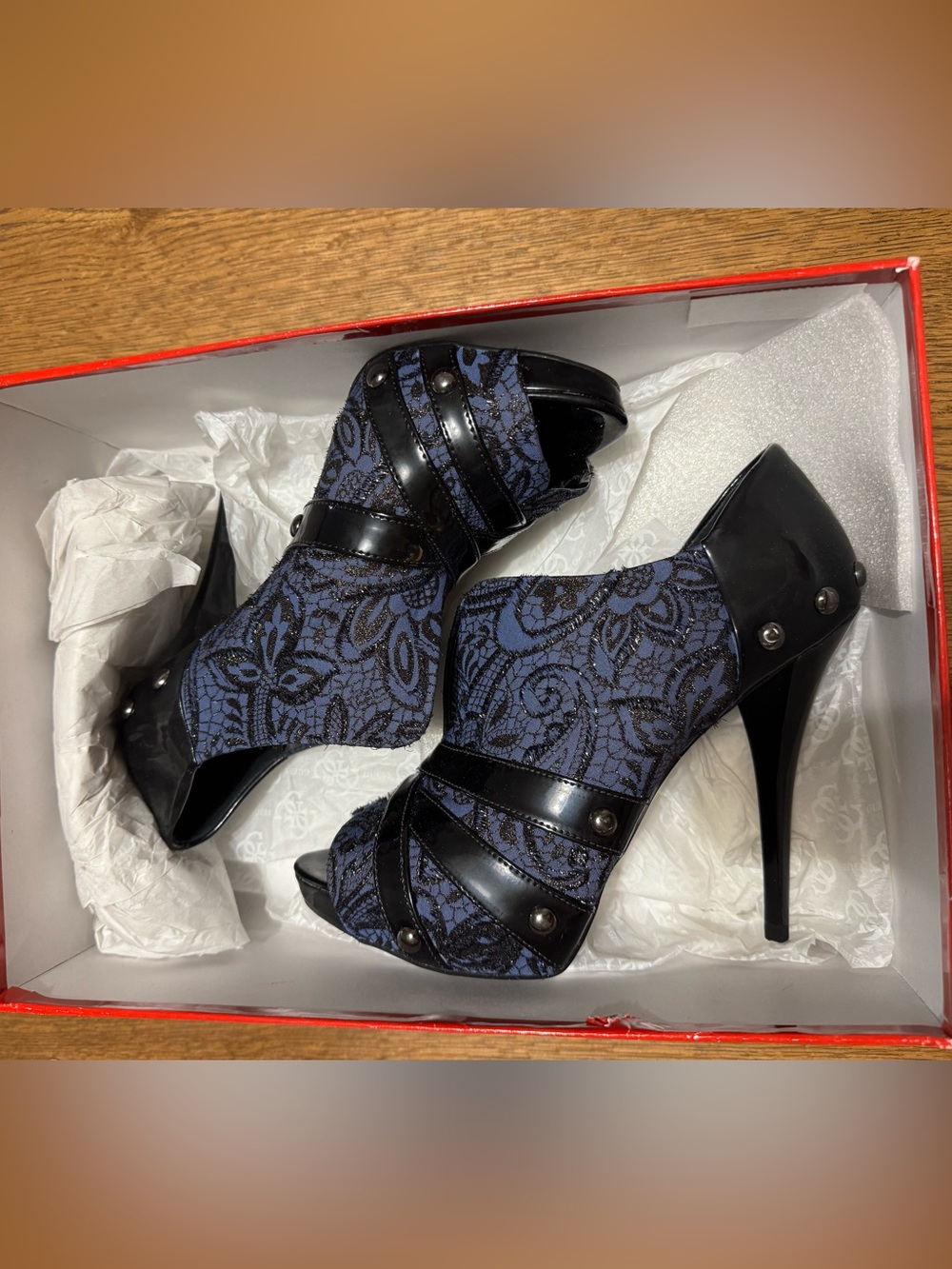 Guess Navy Lace Peep-Toe Booties with Black Patent Trim